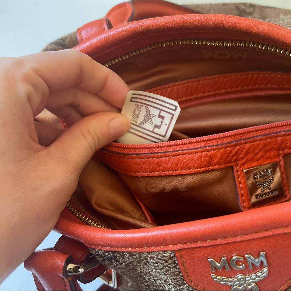 MCM Visetos Monogram Canvas Leather Orange Large Tote Bag Crossbody Zip Top - Picture 6 of 6